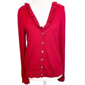Lauren Ralph Lauren Red Ruffle Trim Silk Cotton Blend Cardigan Size Large